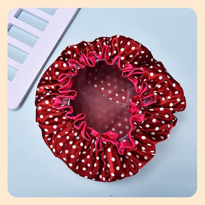 Christmas Red Polka Dot Shower Cap for Women Girls Vintage Polka Dot Shower Caps for Briads Womens Reusable Bathing Caps for Women Double Layer Waterproof Washable Bathing Cap for Thick Thin Hair