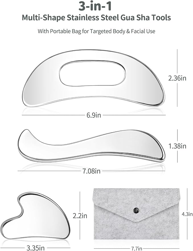 3-in-1 Stainless Steel Gua Sha Massage Tool Set, Muscle Scraper & IASTM Tools for Soft Tissue Mobilization, Myofascial Release, Body Skin Massage, Physical Therapy Sore Muscle Relief with Travel Pouch