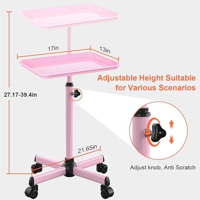 Salon Tray Cart Tattoo Tray Rolling Cart, Service Rolling Tray, Height Adjustable Styling Tray, Storage Tray Trolley for Beauty Salon Clinic Spa (Pink)