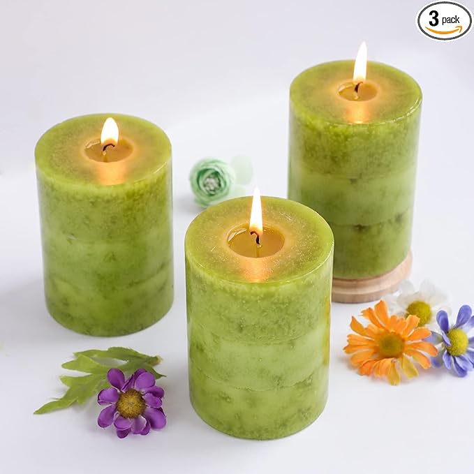 Green Pillar Candles Set of 3 Sage Scented Long Burning Candles 3x4 inch Aromatherapy Clean Burn Dripless Candle for Dinner Table,Weddings, Holidays Home Decorations