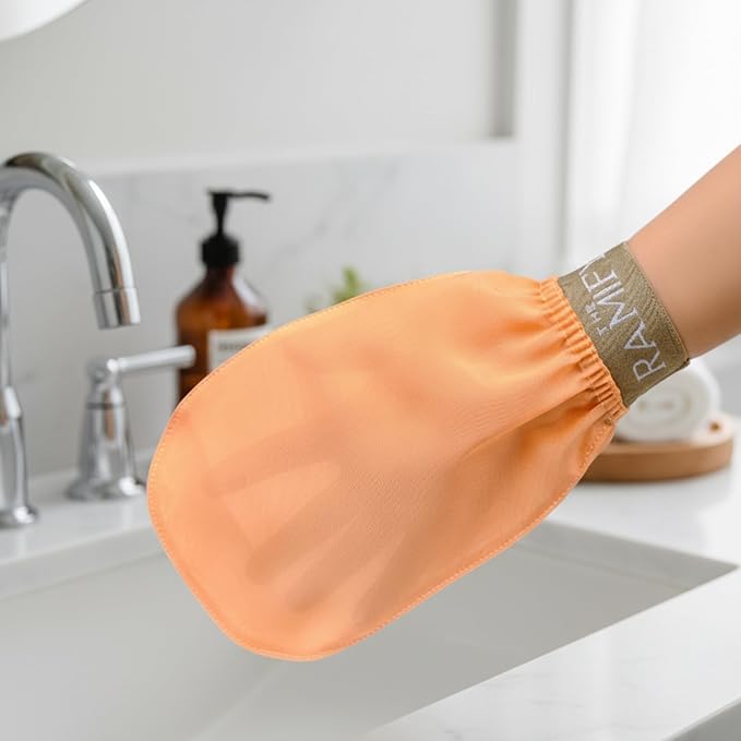 The RAMIFY Silk Exfoliating Gloves for Smooth Skin Natural Body Scrubber High Quality Turkish Bath Gloves Regeneration of Dead Skin Cells Handcrafted Turkish Kese (Salmon)