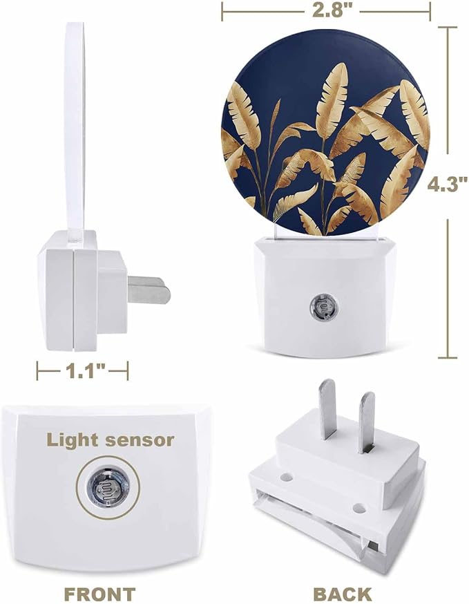Night Lights Auto Sensor Golden Foliage Night Light Navy Blue Minimalist Leaf Round Lamp Plug-in LED Nightlights Dusk to Dawn for Living Room Bedroom Bathroom Hallway Wall Decor