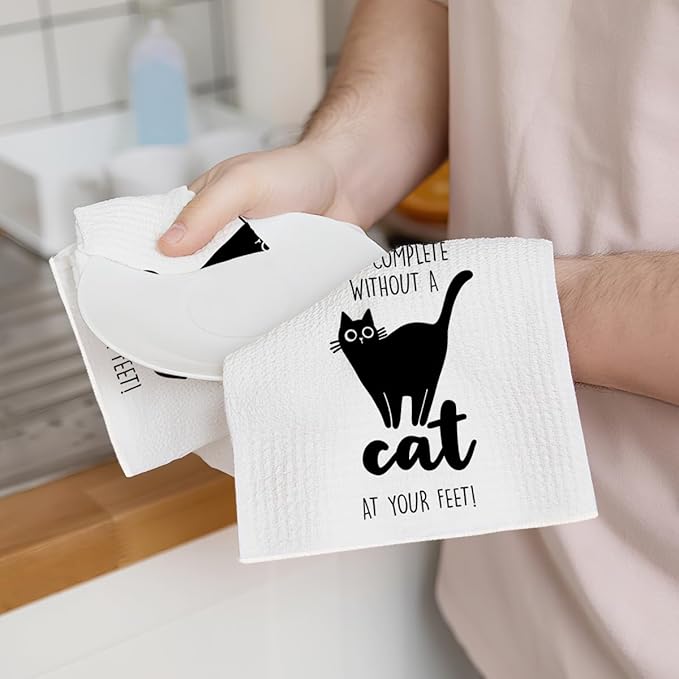 2Pcs Cat Kitchen Towels "The Secret Ingredient Is Cat Hair" Design Farmhouse Dishwashing Hand Tea Towel Kitchen Drying Dish Towel for Restaurant Table, Housewarming Gift