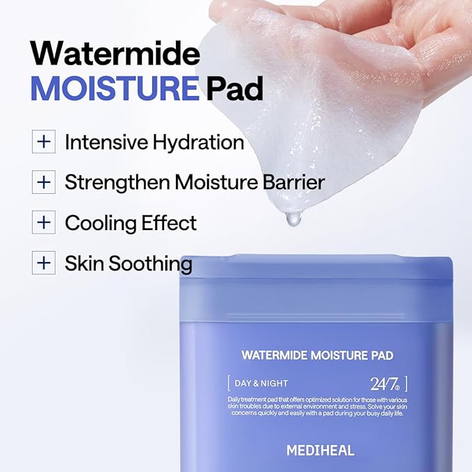 MEDIHEAL Toner Pads - Watermide Moisture Pad (100 count) for Intensive Hydration & Soothing - Contains Squalane to Increase Absorption Rate - Vegan Derma Gel Texture Pad, Korean Skin Care