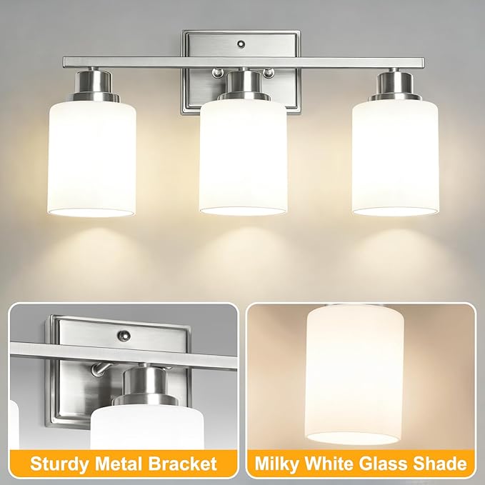 Unicozin 3-Light Bathroom Light Fixtures, Modern Brushed Nickel Vanity Light Over Mirror, Wall Sconces with Milky White Glass Shades for Living Room Bedroom Hallway E26 Base