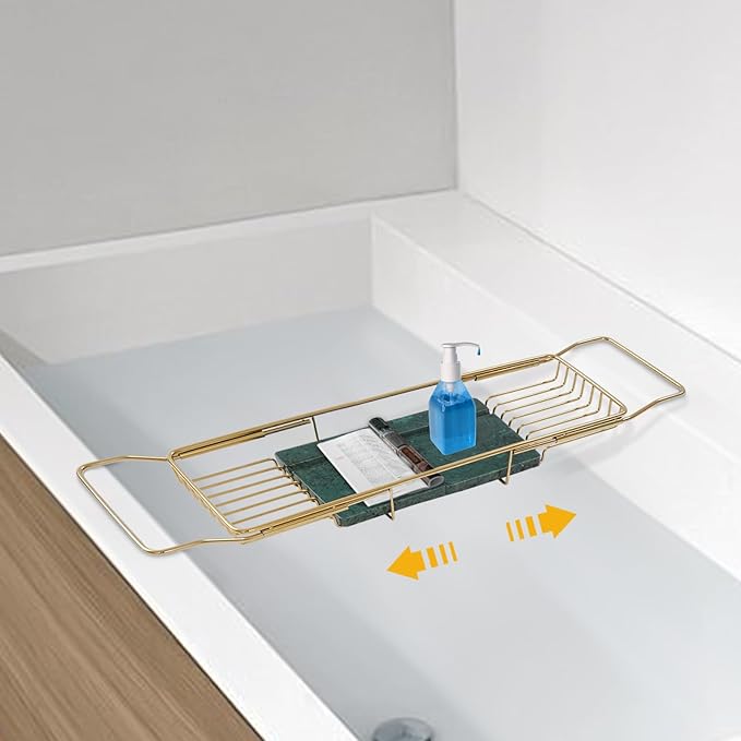 Stainless Steel Bathtub Tray, Expandable Marble Bath Tray for Tub, 44.09 lbs Capacity Bath Caddy for Bathtub Bathroom Accessories for Home Spa (Gold + Green)