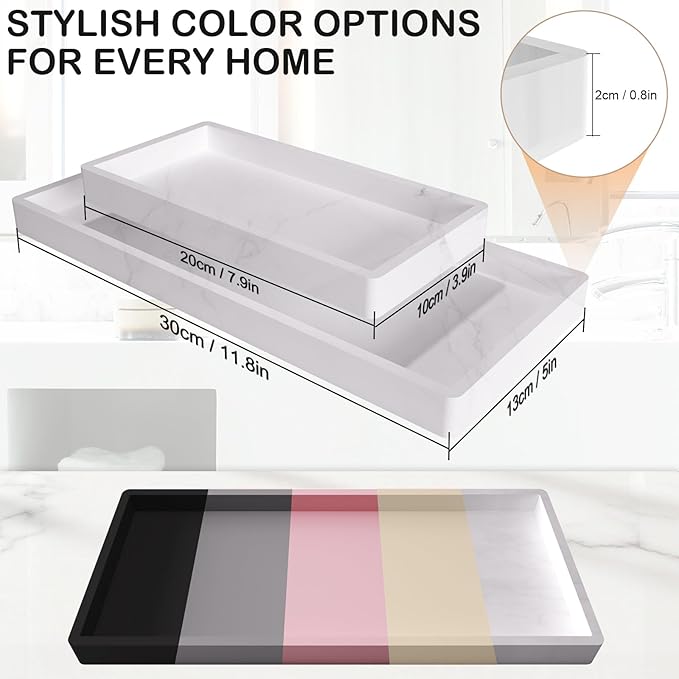 Bathroom Vanity Tray, Silicone 11.8 x 5 Inch Bathroom Counter Tray Decor, Extra-Large Bathroom Trays Holders and Organizers for Toilet Top, Dresser, Waterproof Decorative Tray, Marble White