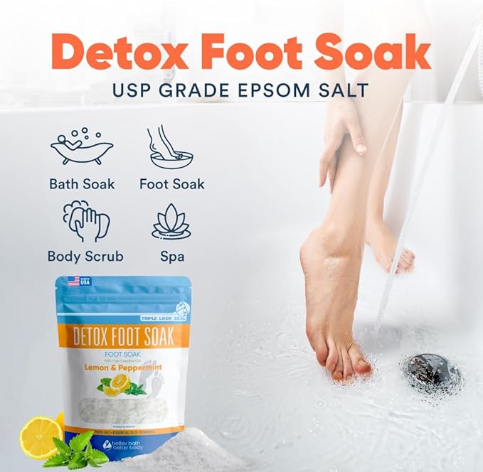 Detox Foot Soak Salts 32 Ounces with Lemon, Peppermint, Lavender Frankincense Essential Oils BPA Free Pouch with Easy Press-Lock Seal Soothe Athletes Foot, Soften Calluses, Relax Tired Feet