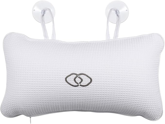 HEALLILY Huafuge Bath Pillow for Tub with PVC Air Bags, Anti-Slip Suction Cups, Breathable Mesh Cover, Head and Neck Support, White, 13.58 X 7.87 Inches
