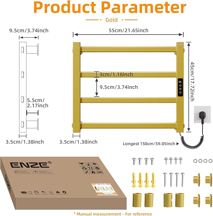 ENZE Smart Luxury Heated Towel Rack, 4-Bar Gold Electric Towel Warmer 115W, Wi-Fi App Control & LED Touch Screen, Adjustable Temperature & 24H Timer, IPX5, 2 in 1 Installation, Low Carbon Steel