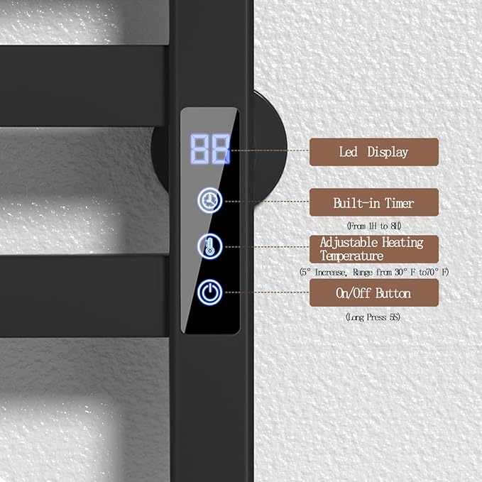 Towel Warmer Black Heated Towel Rack for Bathroom Wall Mounted,5 Bars Electric Wall Mounted Heated Towel Racks for Bathroom,Timer & Temperature Multi-Level Adjustments