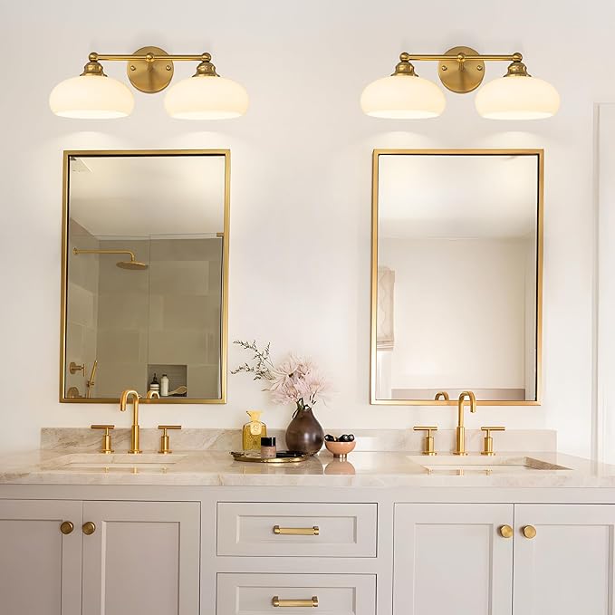 GoYeel Bathroom Light Fixtures Over Mirror, Vintage Gold Double Arm Vanity Lighting Fixtures 2 Light Antique Wall Light Fixture with Glossy Milk White Glass Shade for Bathroom, E26 Base