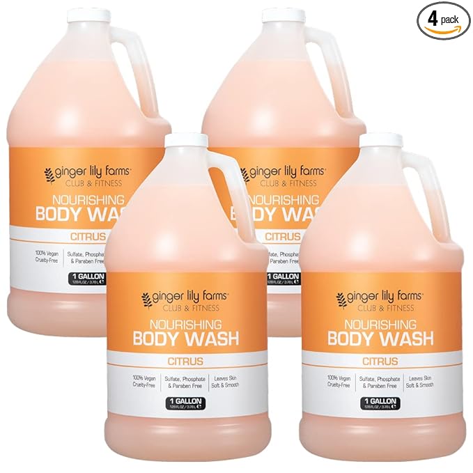 Ginger Lily Farms Club & Fitness Nourishing Body Wash, 100% Vegan & Cruelty-Free, Citrus Scent, 1 Gallon Refill (Pack of 4)