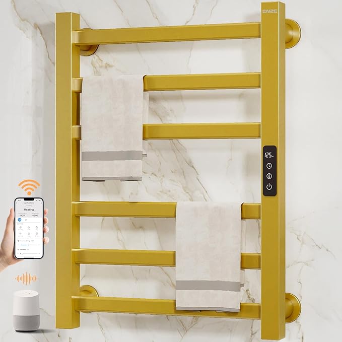 ENZE Smart Heated Towel Rack, 6-Bar Wall-Mounted Electric Towel Warmer 150W, Wi-Fi App Control & LED Touch Screen, Adjustable Temperature & 24H Timer, IPX5, Plug-in/Hardwired, Gold, Low Carbon Steel