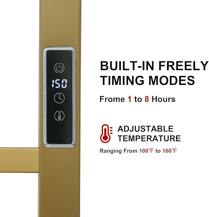 Heated Towel Racks for Bathroom, Wall Mounted Electric Towel Warmer Racks with Timer & Temperature Control, Stainless Steel Towel Heater for Bathroom (Square-Brushed Gold 6 Bars)