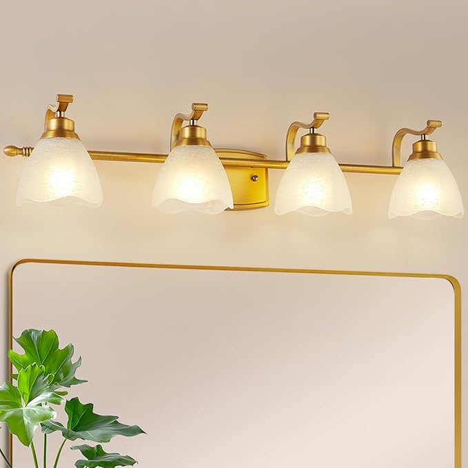 Bathroom Light Fixtures (4-Light, 32 Inch), Brushed Gold Vanity Lights for Bathroom with White Frosted Glass Shade, Modern Vanity Wall Lights for Mirror Bedroom Living Room Hallway