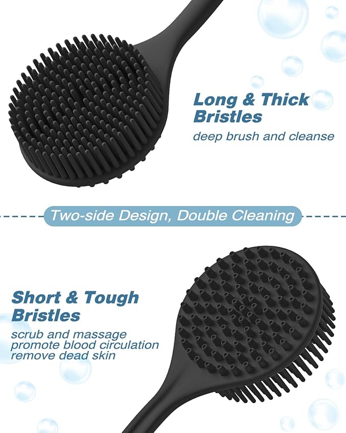 Manmihealth Silicone Back Scrubber & Soft Bath Glove Set 4 PCS(Thick Bristles), Super-Exfoliating Body Scrubber & Super-Lathering Shower Brush Combination, with 2 Adhesive Hooks (Black)