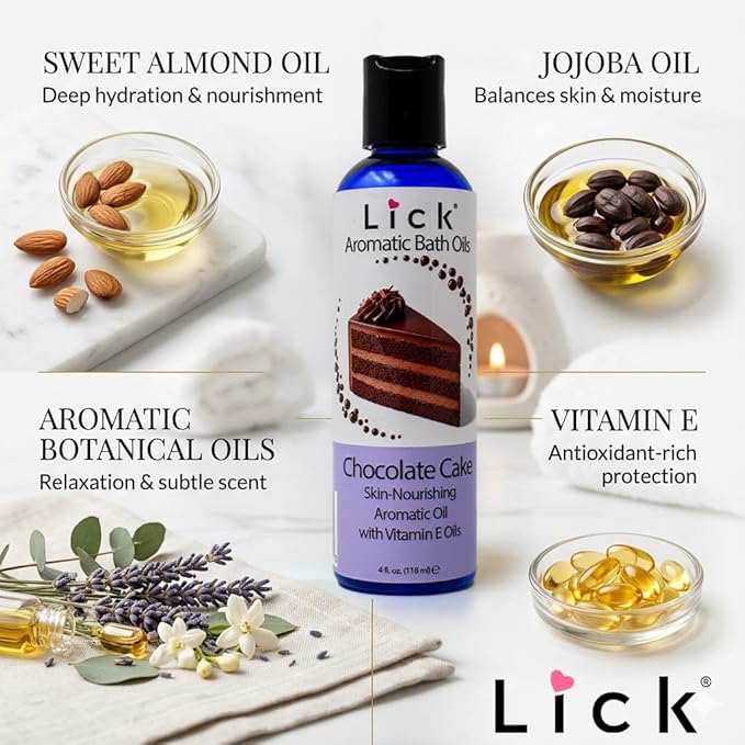 Lick Chocolate Cake Aromatic Bath Oil - Indulgent Dessert Blends - Aromatherapy Soak Oils for Skin Softening, 4 oz