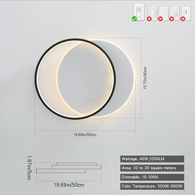Shine LUEST Modern LED Ceiling Light Fixture Black Semi Flush Mount Light with Remote Control 19.69" Hallway Light Fixtures Ceilings Mount Dimmable Ceiling Lamp for Bedroom,Kitchen,Entryway