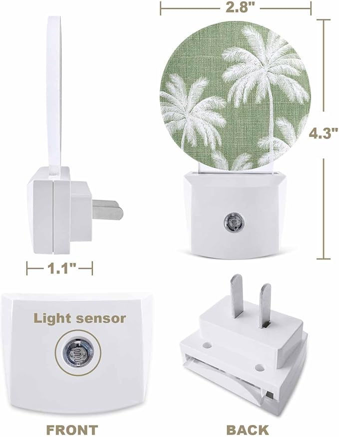 Night Lights Auto Sensor Tropical Palm Trees Night Light Green Linen Coastal Round Lamp Plug-in LED Nightlights Dusk to Dawn for Living Room Bedroom Bathroom Hallway Wall Decor