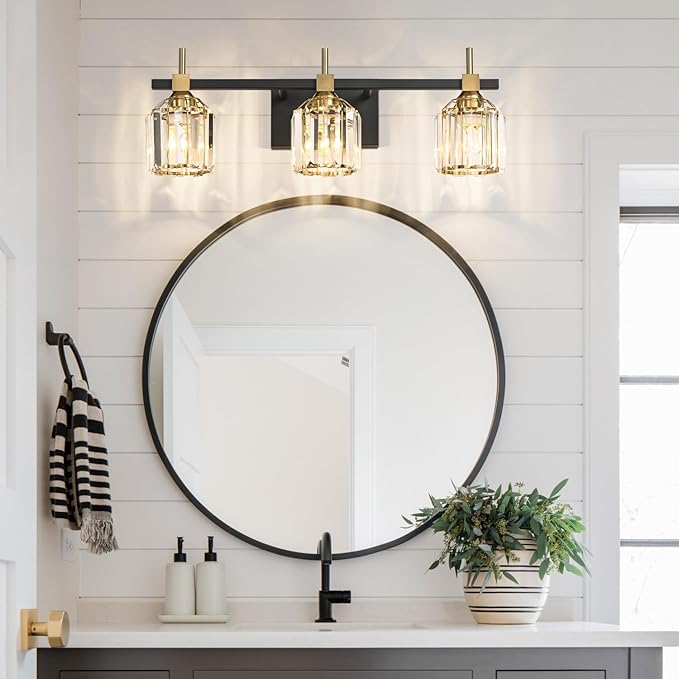 SOLFART Crystal Bathroom Light Fixtures 3 Light Bathroom Vanity Light Over Mirror Vanity Light Fixture Vintage Lighting 3T