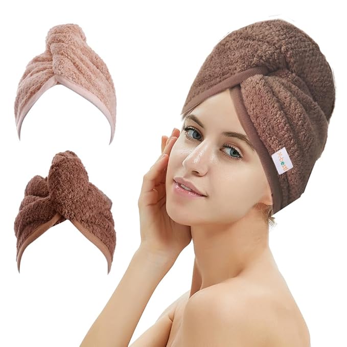 M-bestl 2 Pack Hair Drying Towels, Hair Wrap Towels, Absorbent Microfiber Hair Towel Turban with Button Design to Dry Hair Quickly(Coffee& Pink)