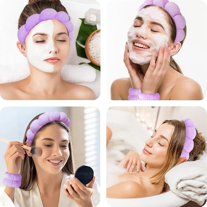 Spa Headbands for Washing Face Wristband Set Sponge Makeup Skincare Headband Wrist Towels Bubble Soft Terry Towel Cloth Hairband for Women Puffy Headwear Non Slip Thick Thin Hair Headwear (Purple)