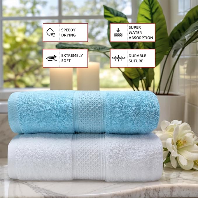Cotton Bath Towels Set, 2-Piece Set(27x55 Inches) Super Absorbent Quick Drying, Soft,Suitable for Bathroom, spas, Gyms,Gift (Sky Blue,White)