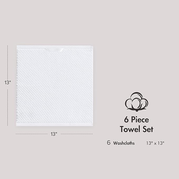 Madison Park 6-Piece Towel Washcloths Set for Bathroom 13" x 13" Diagonal Ribbed, White - 100% Cotton Soft Quick Dry & Absorbent Gift | Zero Twist, 500 GSM, Oeko-TEX, Hotel Quality
