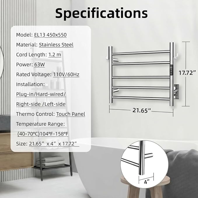 P&Dlusir Towel Warmer, Heated Towel Rack with Smart Timer and Thermo Control, Wall-Mounted Heated Towel Rail, Stainless Steel, Hard-Wired/Plug-in, Polished, 5 bar