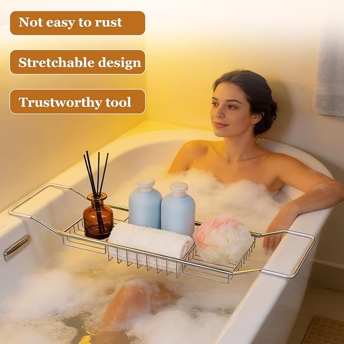 Cabilock Stainless Steel Expandable Bathtub Tray, Chrome Polished Telescopic Bath Tub Shelf, Bathroom Organizer for Soap, Shampoo, Phone and Sundries