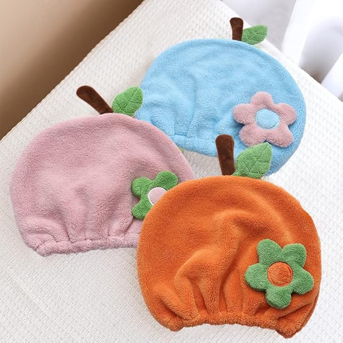 Hair Drying Towel for Kids Girls, Cute Cartoon Absorbent Quick Drying Bath Wrap Set for Bathing, Swimming Pool, Soft Microfiber Cap for Curly Long & Wet Hair, Orange Flower