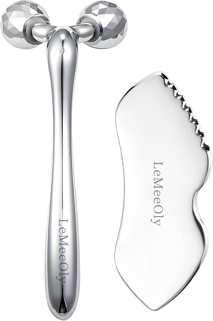 LeMeeOly Stainless Steel Gua Sha Facial Tools Metal GuaSha Tool for Face Neck, Detailer Gua Sha Lymphatic Drainage Reduce Wrinkles Face Massage Tool, Gift for Women (Guasha & Face Roller)