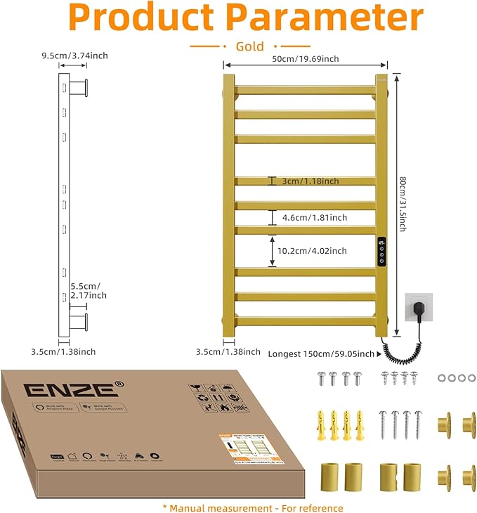 ENZE Smart Heated Towel Rack, 9-Bar Wall-Mounted Electric Towel Warmer 230W, Wi-Fi App Control & LED Touch Screen, Adjustable Temperature & 24H Timer, IPX5, Plug-in/Hardwired, Gold, Low Carbon Steel