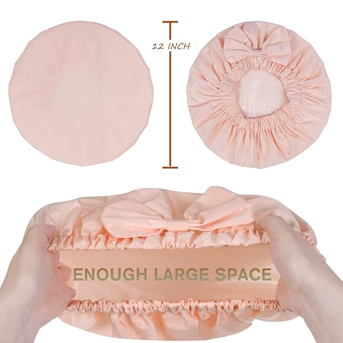 Shower Cap for Women, Cute Bow Waterproof Reusable Bath Cap, Non-Slip Anti Humidity, Roomy Anti-Frizz for Short Medium Wavy Hair, Soft Elastic & Machine Washable, Pink