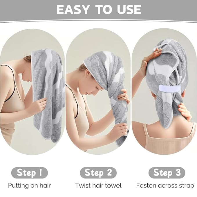 SUNLAND Microfiber Hair Towels Anti Frizz Hair Drying Towel Super Absorbent Fast Drying Turbans for Wet Curly Hair Soft Hair Towel Wrap with Elastic Band for All Hair Types 40 X 20 inches 2Pack