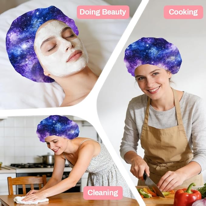 Starry Sky Reusable Shower Cap Milky Way Double Layer Waterproof Shower Caps Large Elastic Hair Cover Adjustable Hair - Drying Caps for Woman Man Bath SPA Travel One Size Fits Most