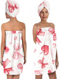 Valentine Heart Bow Bath Wrap and Hair Drying Turban Set – Soft Microfiber Shower Skirt with Elastic Waist Quick Dry Spa Towel for Women Girls Gift (Bow 7)