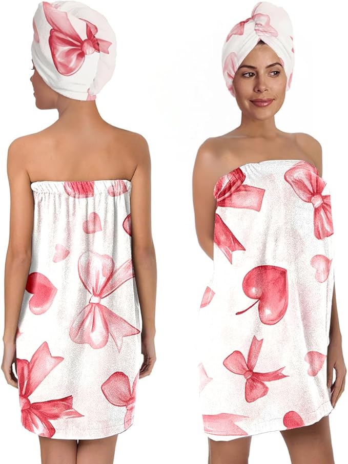 Valentine Heart Bow Bath Wrap and Hair Drying Turban Set – Soft Microfiber Shower Skirt with Elastic Waist Quick Dry Spa Towel for Women Girls Gift (Bow 7)