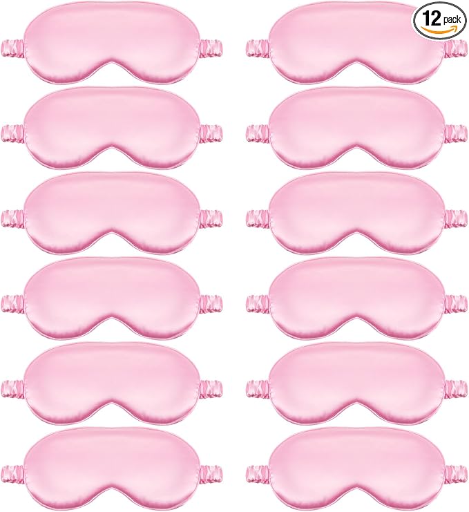 Cutecrop 12 Pcs Silk Sleep Masks Soft Satin Eye Masks with Adjustable Elastic Strap for Sleeping Comfortable Blindfold Eyeshade for Women Men Nap Night Travel Gifts (Pink)