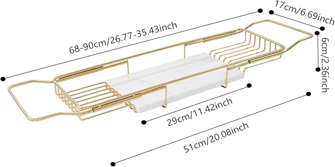 Stainless Steel Bathtub Tray, Expandable Marble Bath Tray for Tub, 44.09 lbs Capacity Bath Caddy for Bathtub Bathroom Accessories for Home Spa (Gold + White)