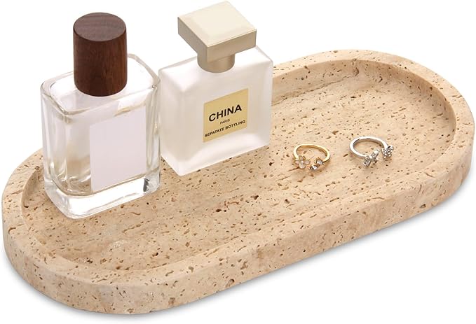 Natural Marble Tray Oval, Bathroom Vanity Tray for Countertop, Elegant Stone Decorative Organizer for Perfume, Jewelry, Home Decor (1, Travertine, 10 x 5 x 0.6)