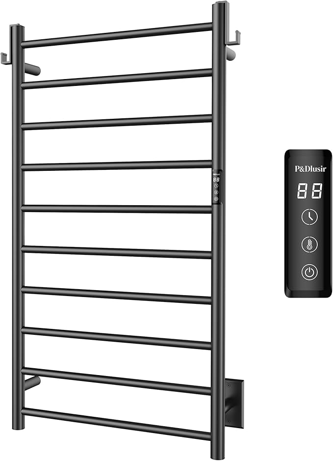 P&Dlusir Towel Warmer, Heated Towel Rack with Smart Timer and Thermo Control, Wall-Mounted Heated Towel Rail, Stainless Steel, Hard-Wired/Plug-in, Matte Black, 10 bar
