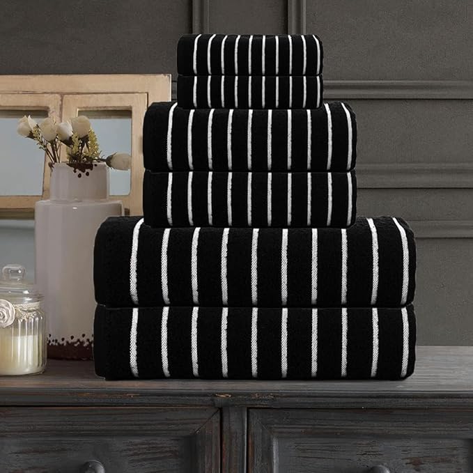 CASA COPENHAGEN Ecstatic 6Pcs 100% Egyptian Cotton Large Designer Towels Gift Set- Coal Black, 600GSM, 2Bath 2Hand 2Washcloths, Bath Towels for Bathroom Set for Women & Men