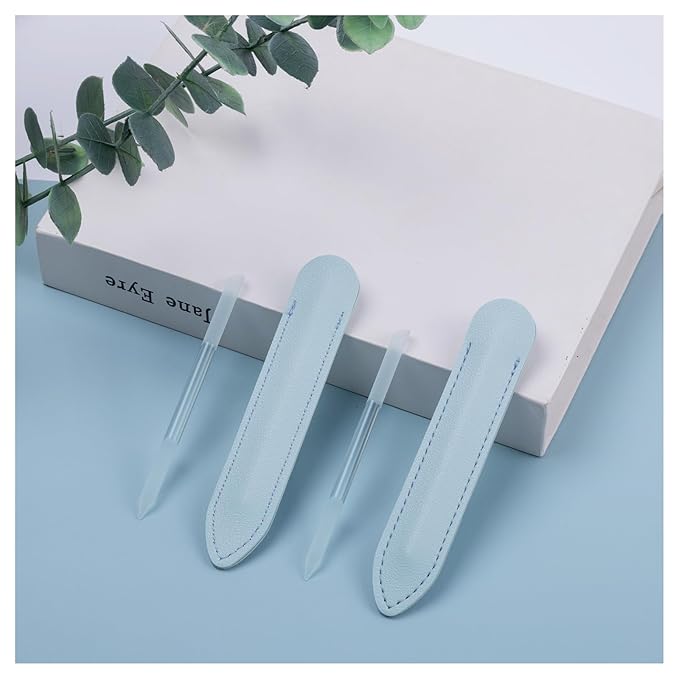 2 Pcs Transparent White Glass Cuticle Pusher Tool with Blue Leather Case, Sassy Tip Cuticle Pusher Pen for Precision Filing Nail Salons Home