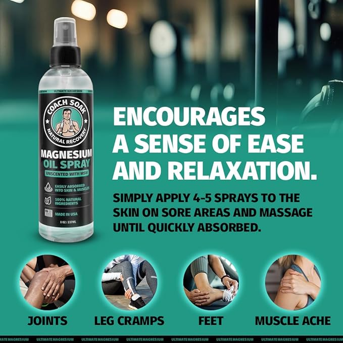 Coach Soak Magnesium Oil Spray & Lotion Set - Fast-Absorbing Topical Magnesium with MSM & Cooling Menthol - 2 Pack - Unscented