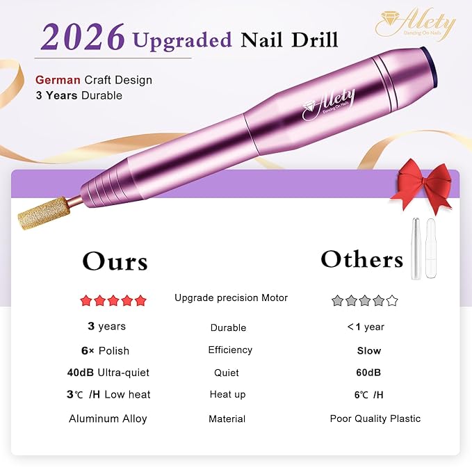 Alety Electric Nail Drill Kit, Portable File for Acrylic Gel Nails, Professional Machine Efile Manicure Pedicure Tools with Iridescent Bits Home Salon Use, Pink