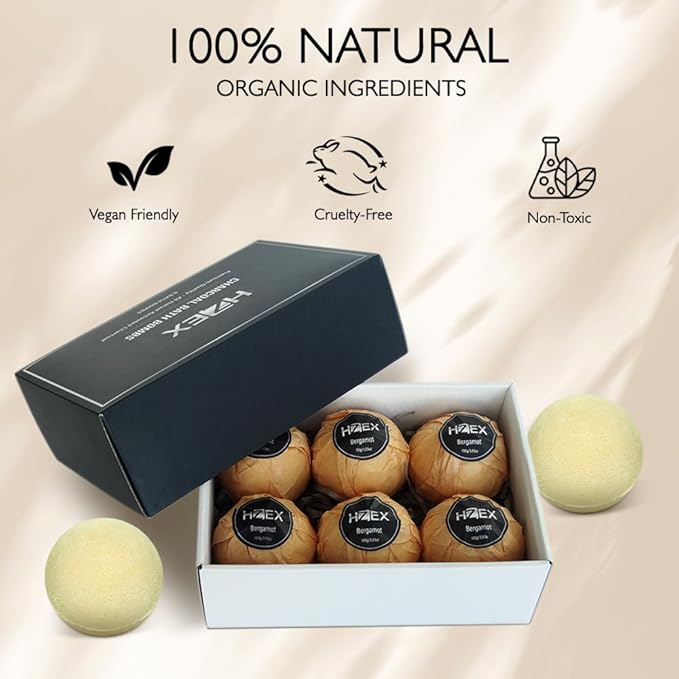 HZEX Charcoal Activated Bath Bombs for Men – Detox with Handmade Organic 6 Pack Bath Bomb Set, up to 3 Scents (Sandalwood, Bergamot, Ocean), Individually Wrapped (Bergamot)