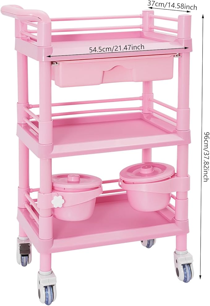 Salon Storage Cart, 3 Tier Rolling Beauty Organizer with 2 Garbage Baskets & 1 Drawer, 80kg/176.37lbs Capacity, Movable Storage Trolley for Beauty Salon SPA (Pink)