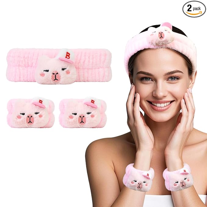 Kawaii Spa Headband and Wristband Set for Women Girls, Cute Halloween Skincare Headbands for Face Washing, Fluffy Makeup Headband for Washing Face Bath Shower and Beauty, Pink Capybara